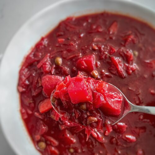 bowl borscht with spoon