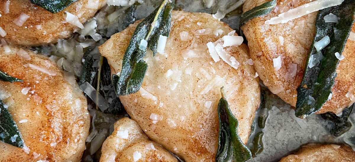 Roasted Sweet Potato & Sage Perogies with Browned Butter Sauce