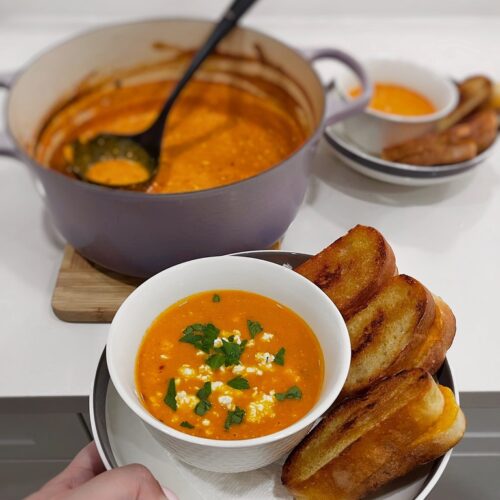 Spicy Tomato Feta Soup with Mini Grilled Cheeses
